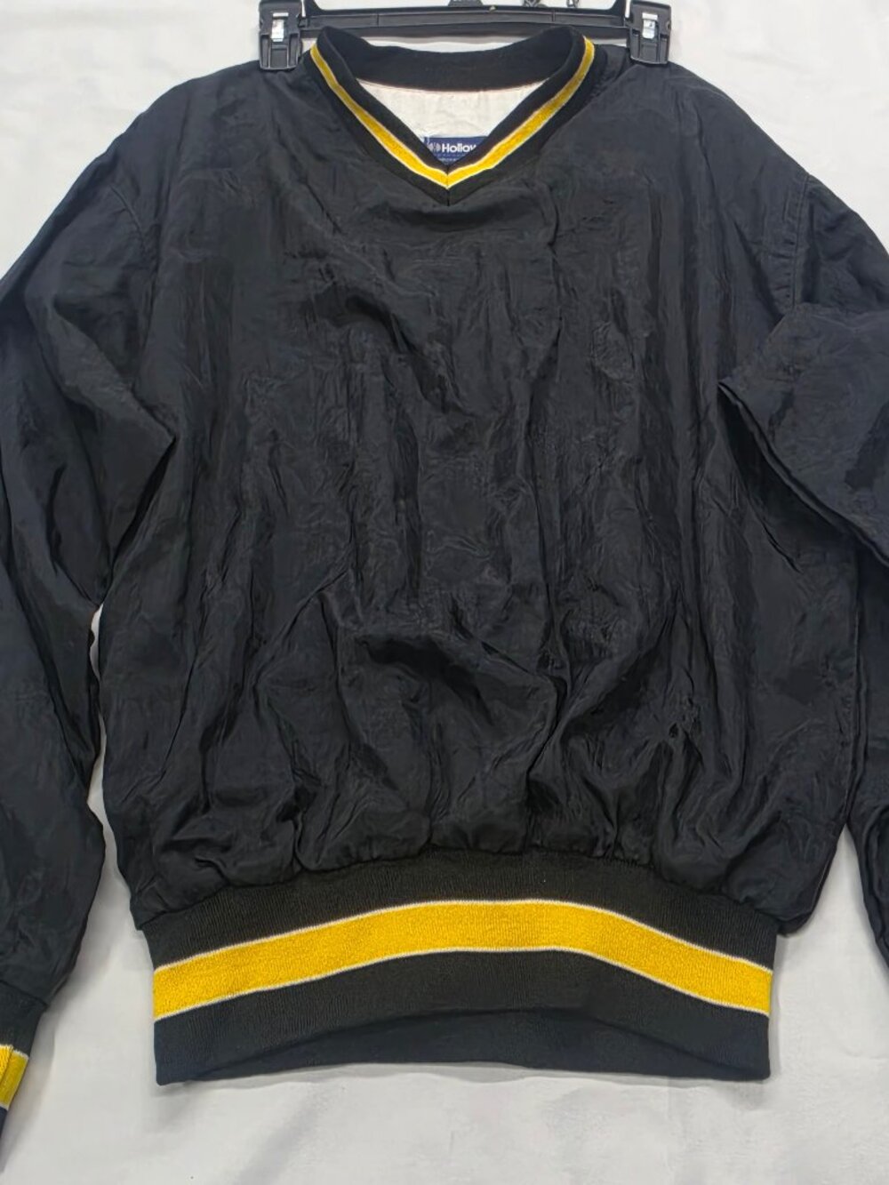 Holloway Vintage V-Neck Windbreaker Pullover Jacket Black Yellow Striped Trim Sm